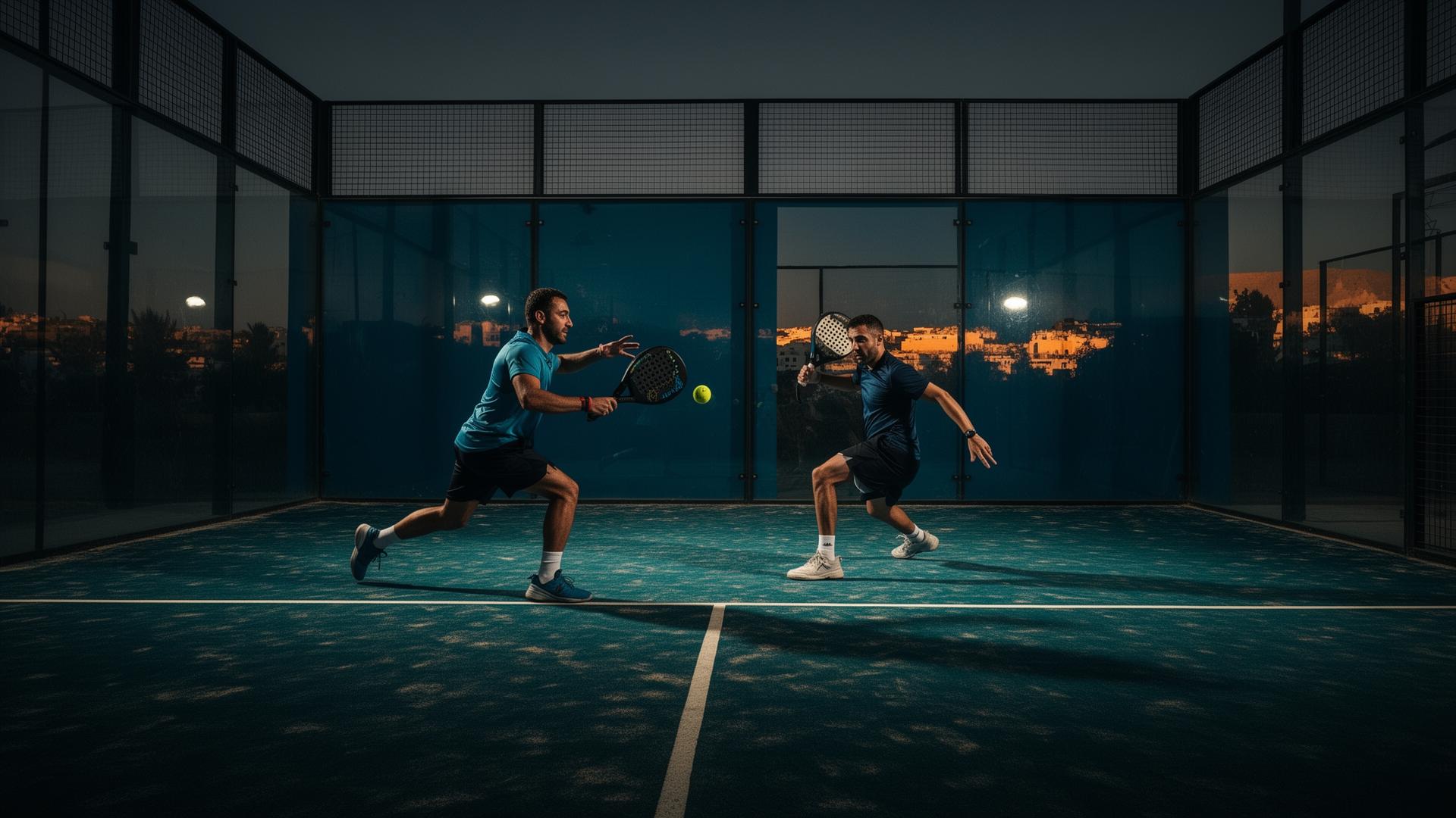 Players on a padel court at dusk in Cyprus